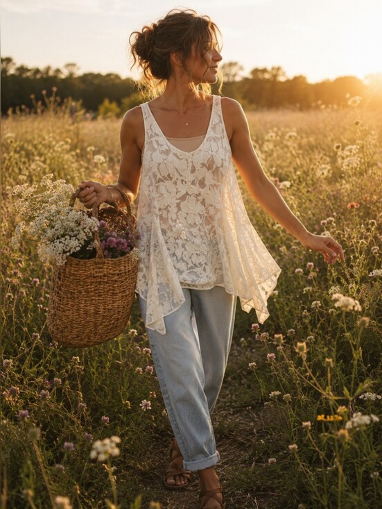 Vanessa Virginia Tops - Vanessa Virginia Anthropologie Ivory Floral Burnout Handkerchief Hem Tank Top M